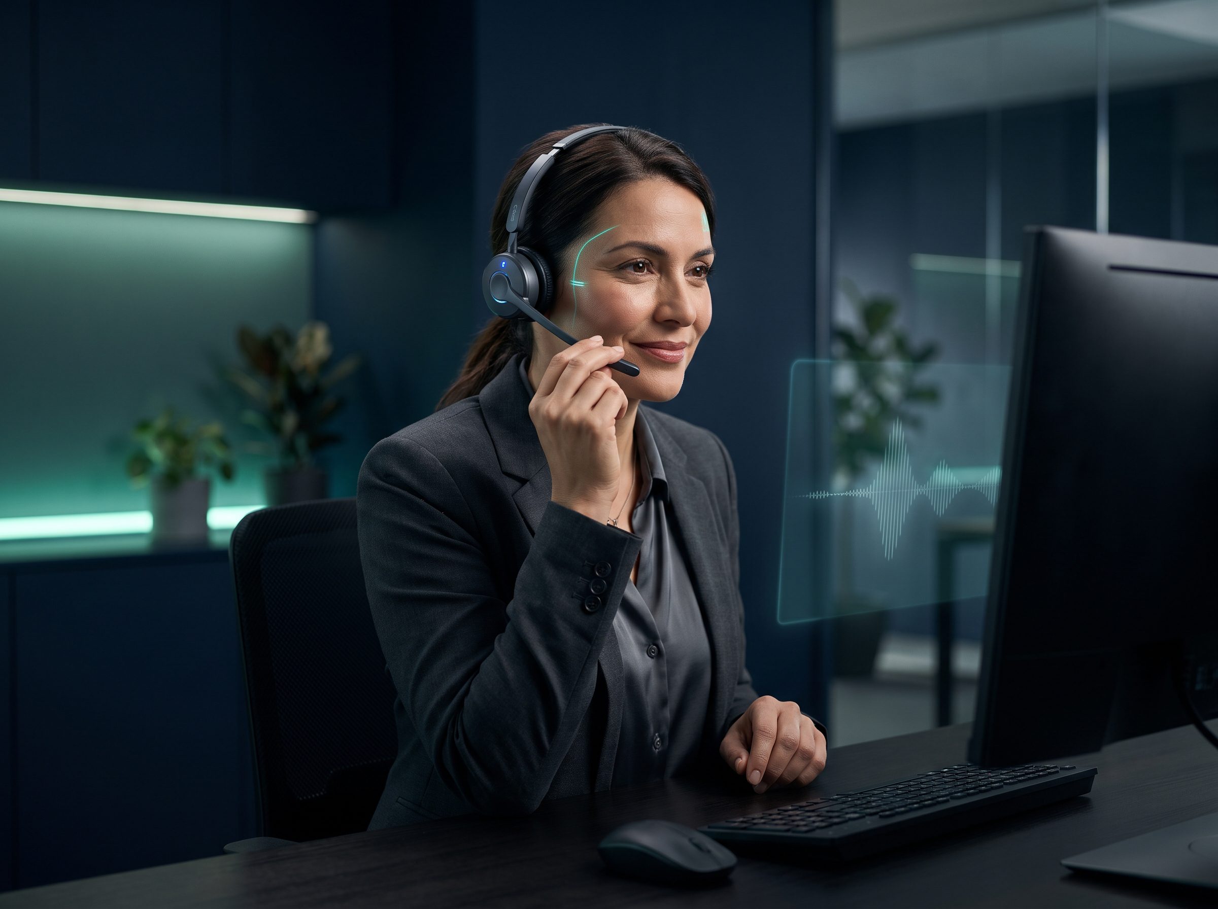 Agent téléphonique IA vocale : conseillère au casque en centre d’appels